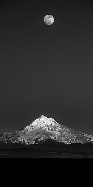 Monochrome Photography of Snow-Capped Mountain Peak Under Full Moon HD phone wallpaper