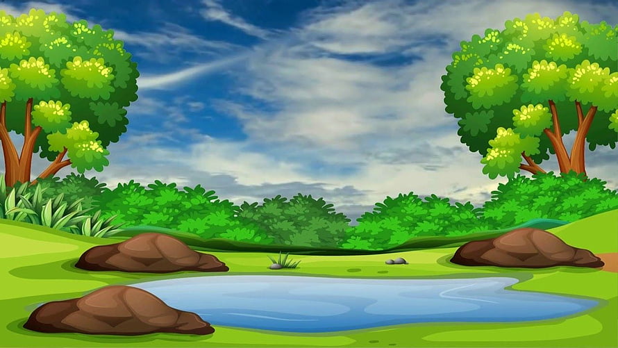 Vibrant Cartoon Forest Landscape With Pond, Trees, And Rocks Under Blue Sky HD wallpaper