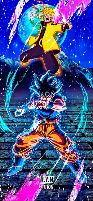 Naruto Uzumaki and Son Goku Anime Crossover Battle Wallpaper HD phone wallpaper