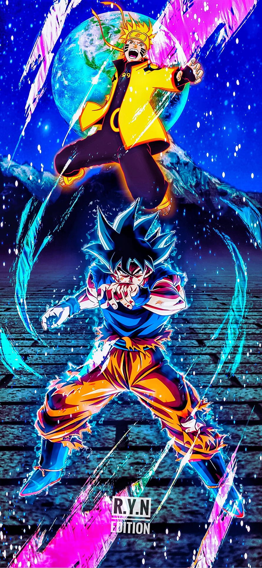 Naruto Uzumaki and Son Goku Anime Crossover Battle Wallpaper HD phone wallpaper