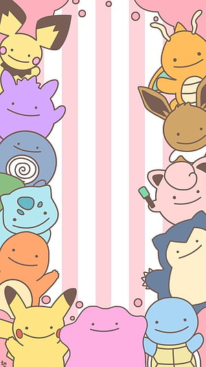 Cute Kawaii Pokemon Group Wallpaper with Pikachu, Charmander, Squirtle, and Bulbasaur on Pink Striped Background, Pokemon . Cute pokemon , Pokemon, Ditto HD phone wallpaper