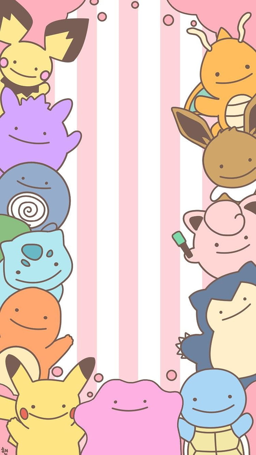 Cute Kawaii Pokemon Group Wallpaper with Pikachu, Charmander, Squirtle, and Bulbasaur on Pink Striped Background, Pokemon . Cute pokemon , Pokemon, Ditto HD phone wallpaper