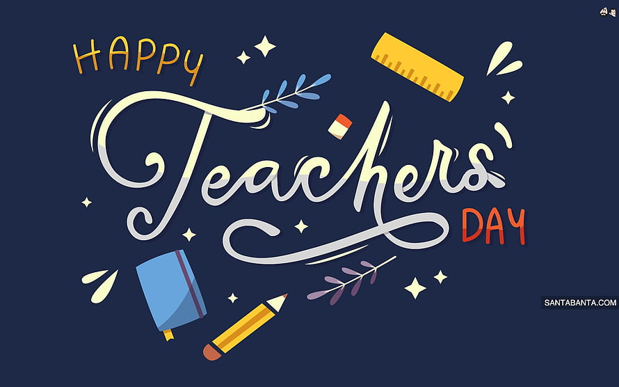 Happy Teachers Day Greeting Card with School Supplies and Calligraphy on Navy Background HD wallpaper