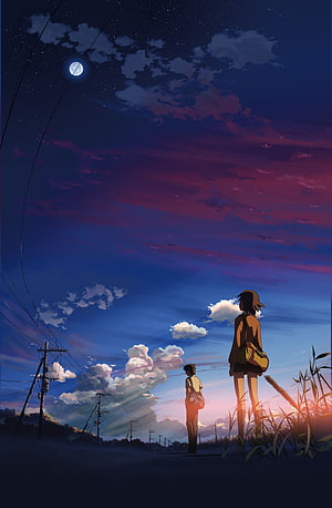 Makoto Shinkai Anime Scene of Two Students Under a Starry Twilight Sky HD phone wallpaper