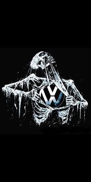 Gothic Skeleton Holding Volkswagen Logo on Black Background HD phone wallpaper