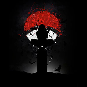 Silhouette of a Samurai Sitting on a Pillar Against a Red Sun and Crows HD phone wallpaper