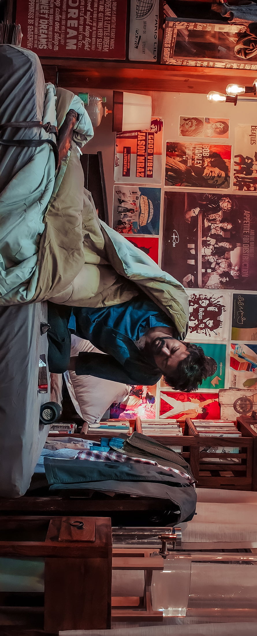Man Sleeping in Cozy Bedroom with Vintage Music Posters and Warm Lighting, Master, city, thalapathy, vijay thalapathy, vijay HD phone wallpaper