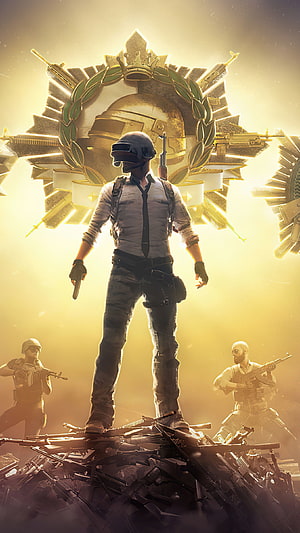 PUBG Mobile Victory Royale Emblem With Armored Soldier Standing On Weapon Pile HD phone wallpaper