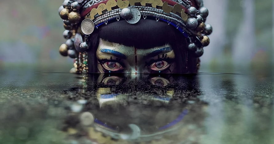 Mystical Asian Goddess Face Peeking Over Water With Intricate Silver Headdress And Reflection HD wallpaper
