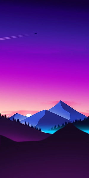 Minimalist Purple Mountain Landscape With Sunset And Airplane Contrail HD phone wallpaper