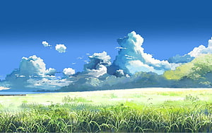 Serene Anime Landscape with Lush Green Grass and Dramatic Cumulus Clouds Under a Clear Blue Sky HD wallpaper