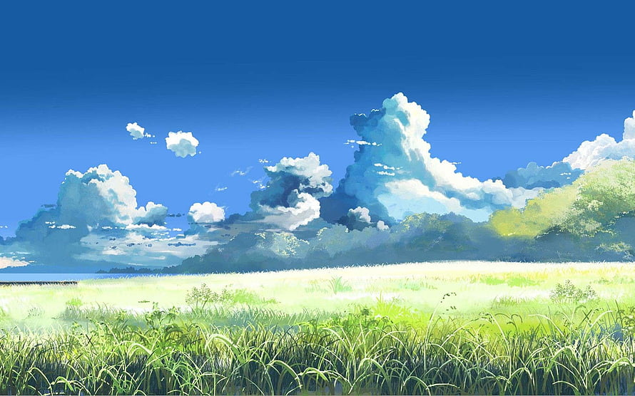 Serene Anime Landscape with Lush Green Grass and Dramatic Cumulus Clouds Under a Clear Blue Sky HD wallpaper
