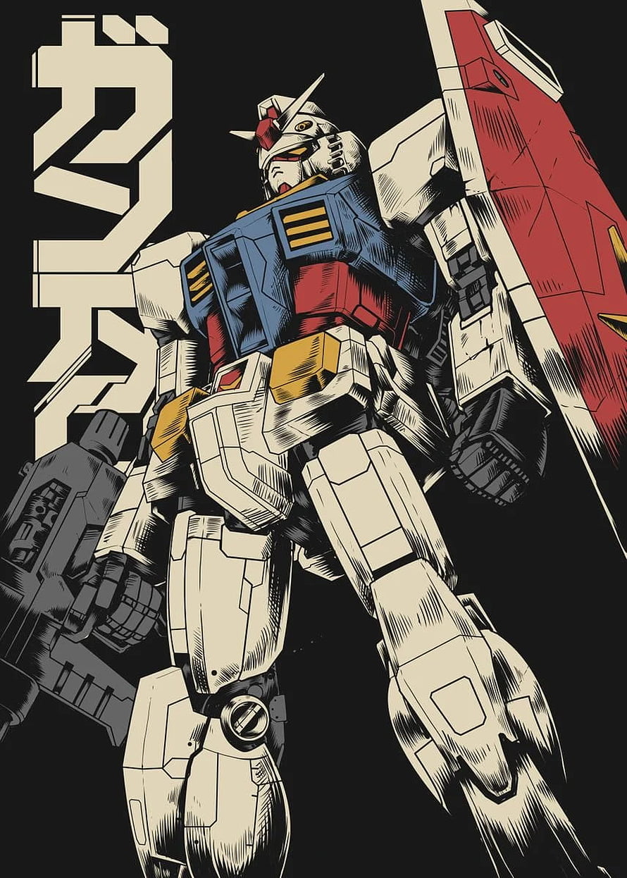 Retro Style RX-78-2 Gundam Illustration with Shield and Beam Rifle HD phone wallpaper