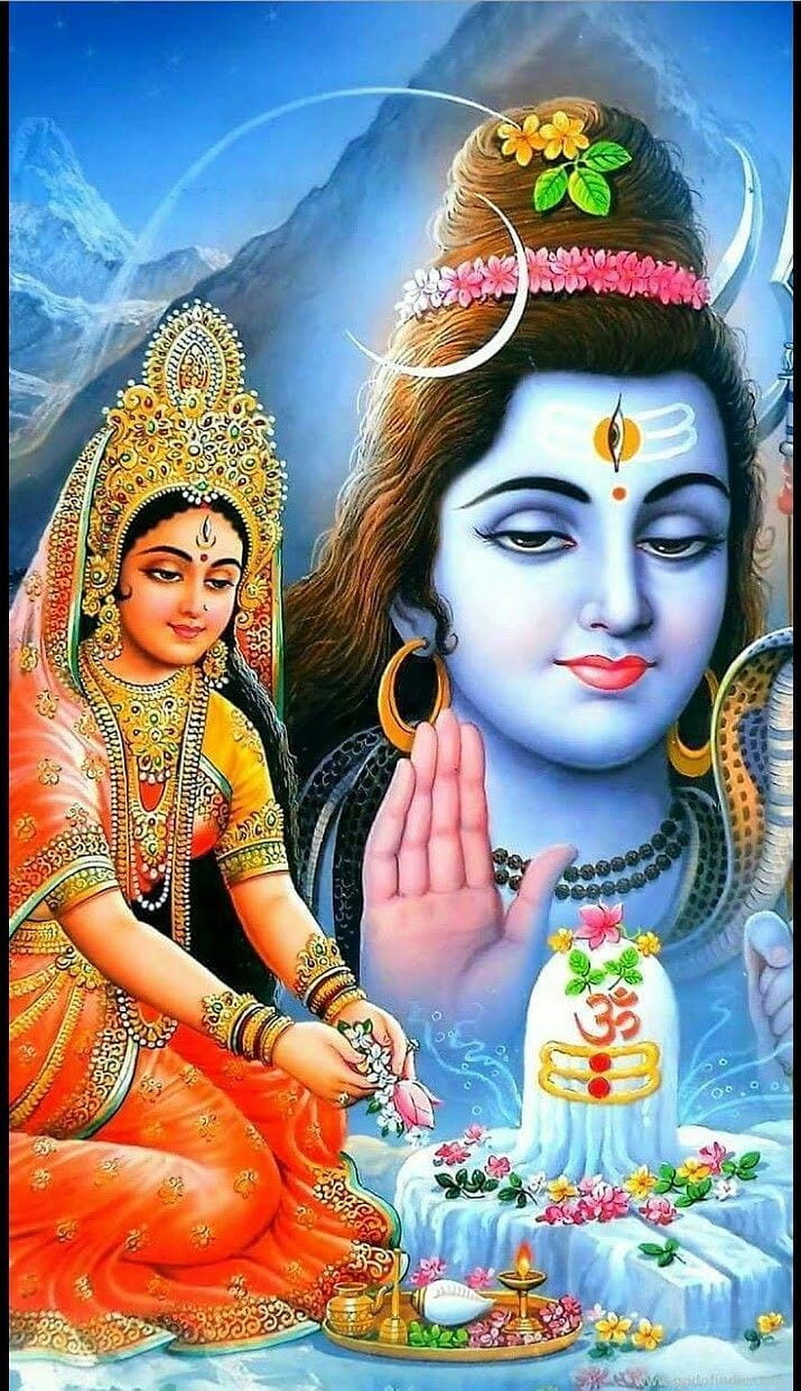 Lord Shiva and Goddess Parvati Devotional Art with Shiva Lingam and Om Symbol HD phone wallpaper