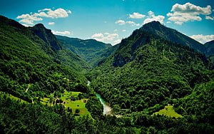 Lush Green Mountain Valley With Winding River And Blue Sky HD wallpaper