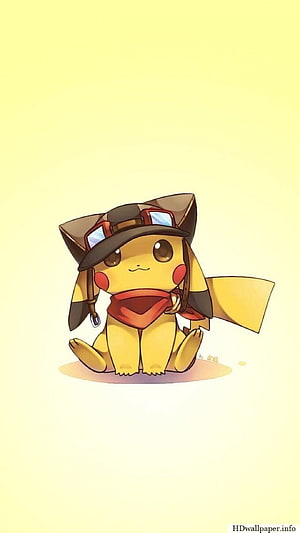 Cute Pikachu Wearing Aviator Hat and Red Scarf on Yellow Background HD phone wallpaper