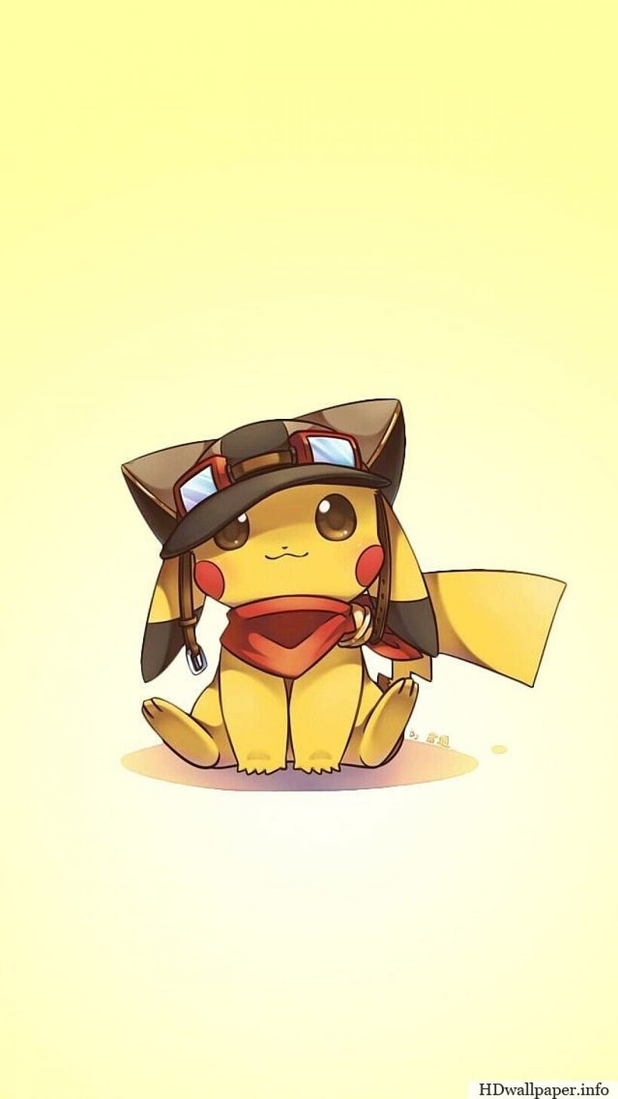 Cute Pikachu Wearing Aviator Hat and Red Scarf on Yellow Background HD phone wallpaper