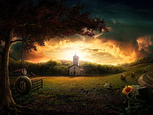 Serene Countryside Church at Sunset with Tire Swing and Rolling Hills HD wallpaper