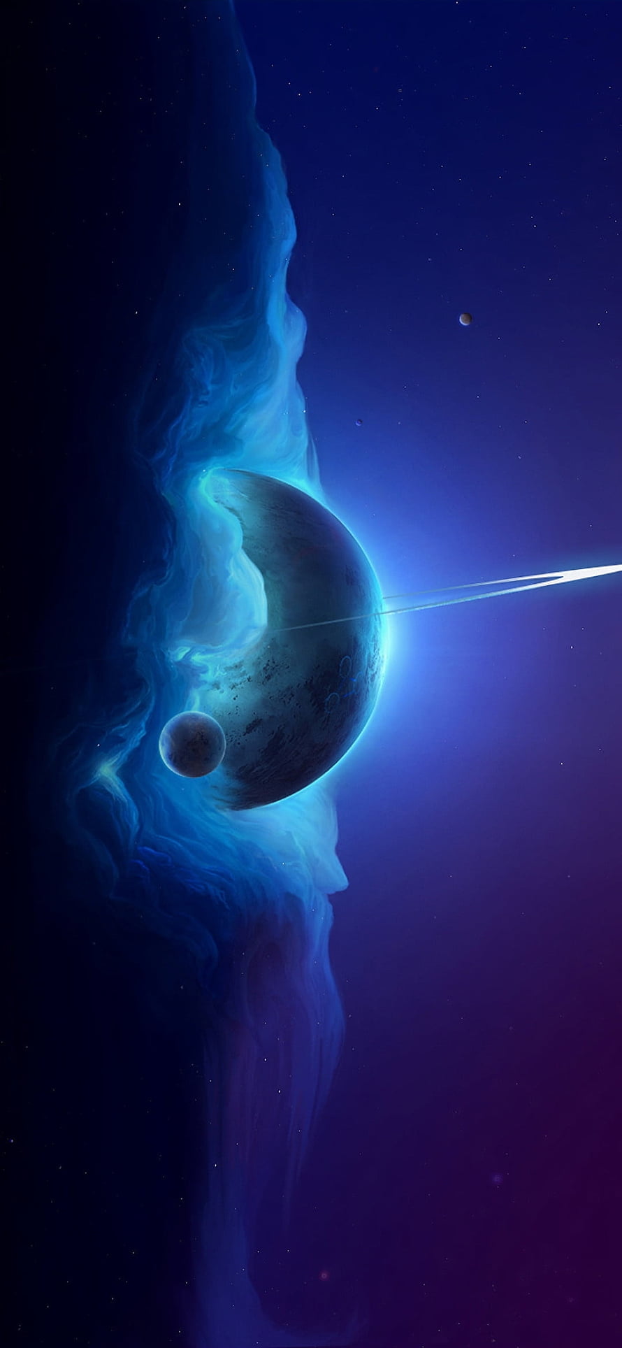 Mystical Blue Planet with Rings and Nebula in Deep Space HD phone wallpaper