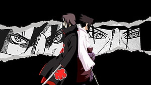 Itachi and Sasuke Uchiha Standing Back to Back in Naruto Anime Artwork HD wallpaper