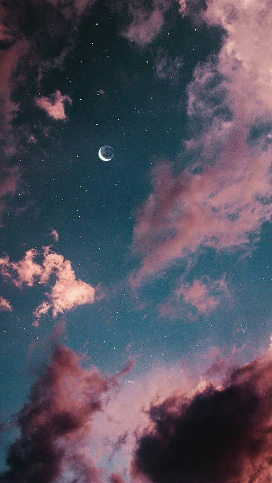 Crescent Moon and Pink Clouds in a Starry Night Sky HD phone wallpaper