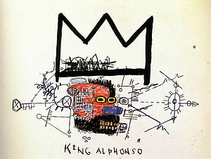 Jean Michel Basquiat King Alphonso Crown Drawing with Mechanical Face and Graffiti Elements HD wallpaper