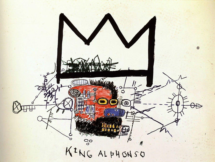 Jean Michel Basquiat King Alphonso Crown Drawing with Mechanical Face and Graffiti Elements HD wallpaper