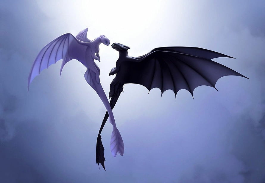 Toothless and Light Fury Dragons Flying Together in Misty Sky HD wallpaper