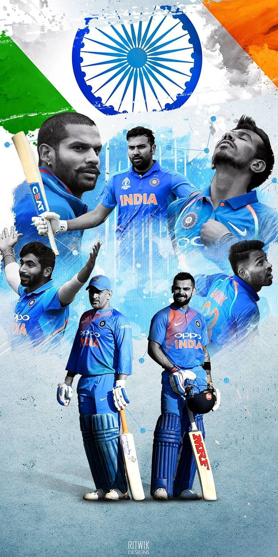 Indian Cricket Team Players in Blue Jerseys with National Flag Background HD phone wallpaper
