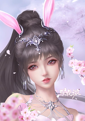 Xiao Wu from Douluo Dalu in a Fantasy Rabbit Ears and Cherry Blossom Portrait HD phone wallpaper