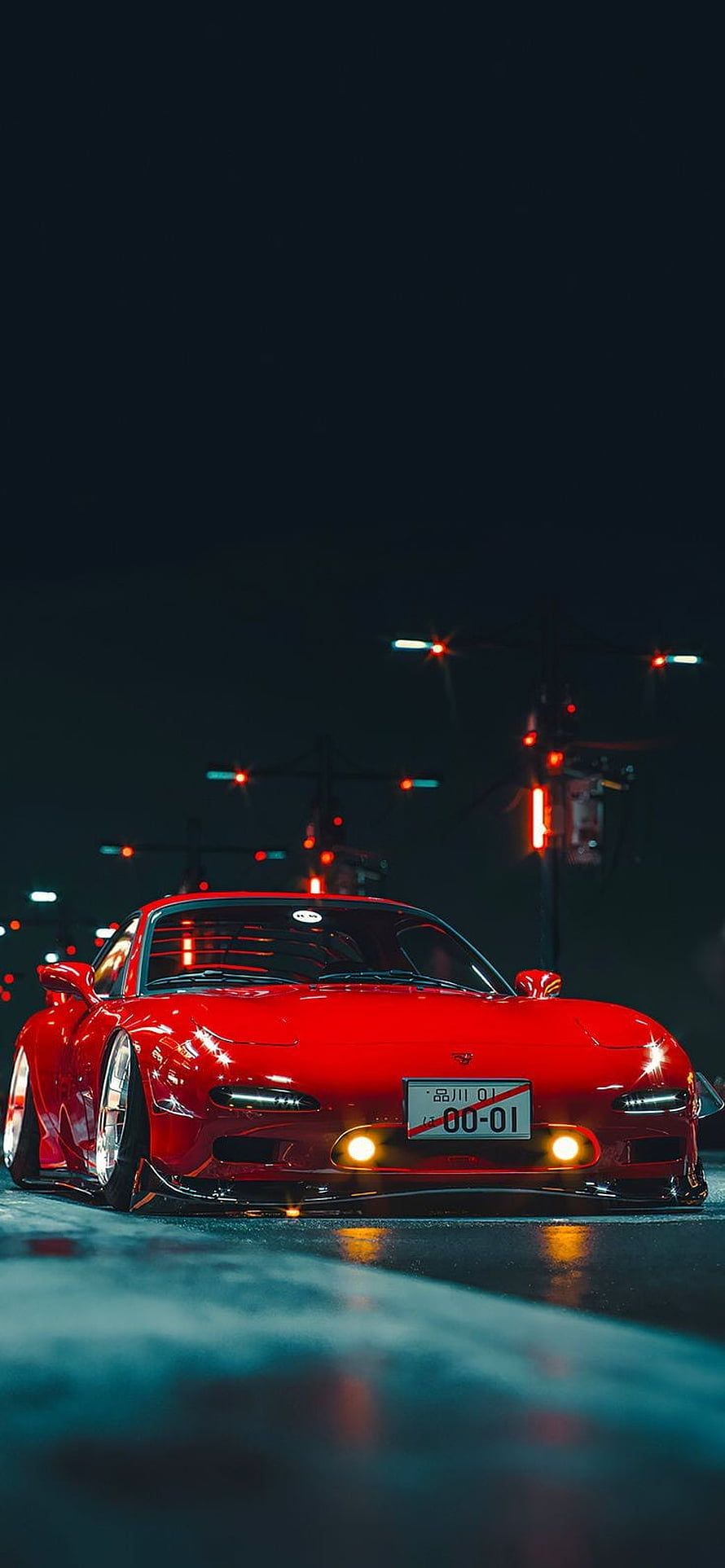 Red Mazda RX-7 FD3S Night Street Scene with Wet Road Reflections and City Lights HD phone wallpaper