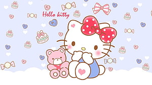 Cute Hello Kitty with Pink Teddy Bear and Sweet Treats on Pastel Background HD wallpaper