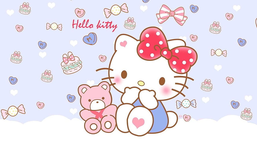 Cute Hello Kitty with Pink Teddy Bear and Sweet Treats on Pastel Background HD wallpaper