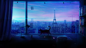Cat Silhouette on Desk Overlooking Paris Cityscape at Dusk HD wallpaper