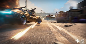 Farlight 84 Futuristic Racing Vehicle Speeding Through Post-Apocalyptic Wasteland HD wallpaper