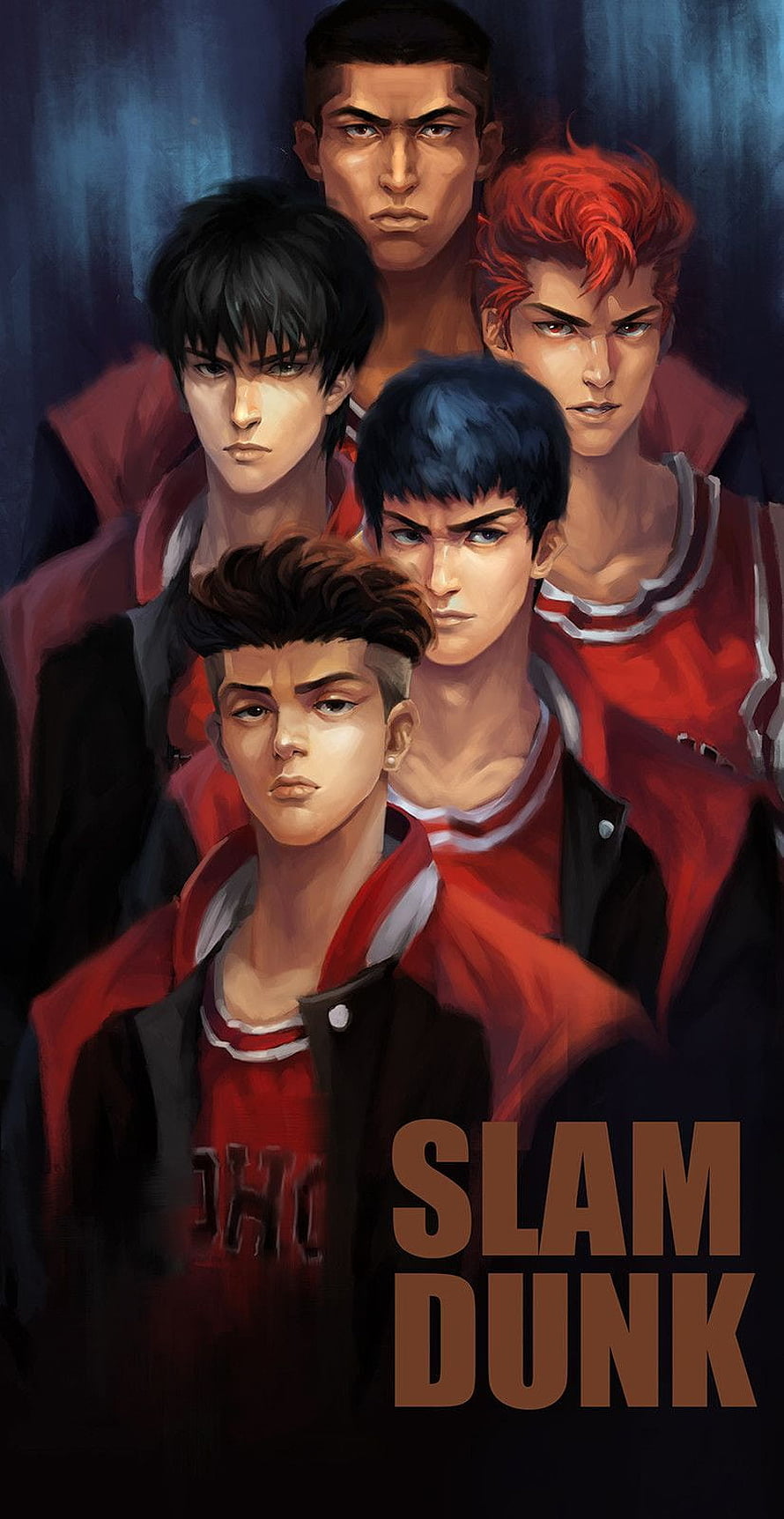 Slam Dunk Anime Group Portrait of Five Basketball Players in Red and Black Uniforms HD phone wallpaper