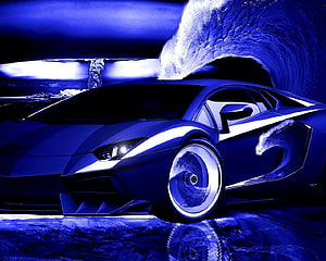 Blue Tinted Lamborghini Aventador Super Car With Ocean Wave Reflections HD wallpaper