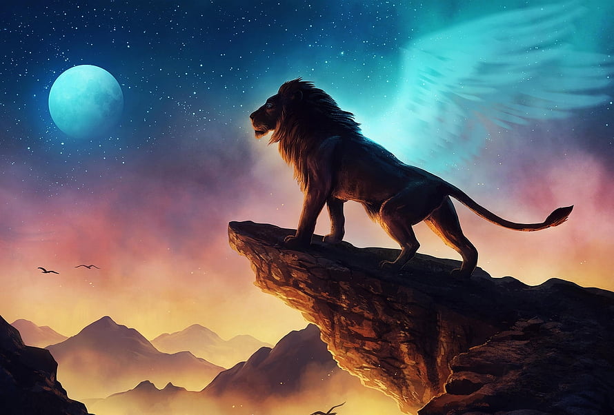 Majestic Lion Standing on Cliff Edge Under Starry Night Sky with Large Moon HD wallpaper