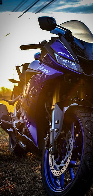 Yamaha R15 Motorcycle in Purple and Black with Golden Sunset Lighting HD phone wallpaper
