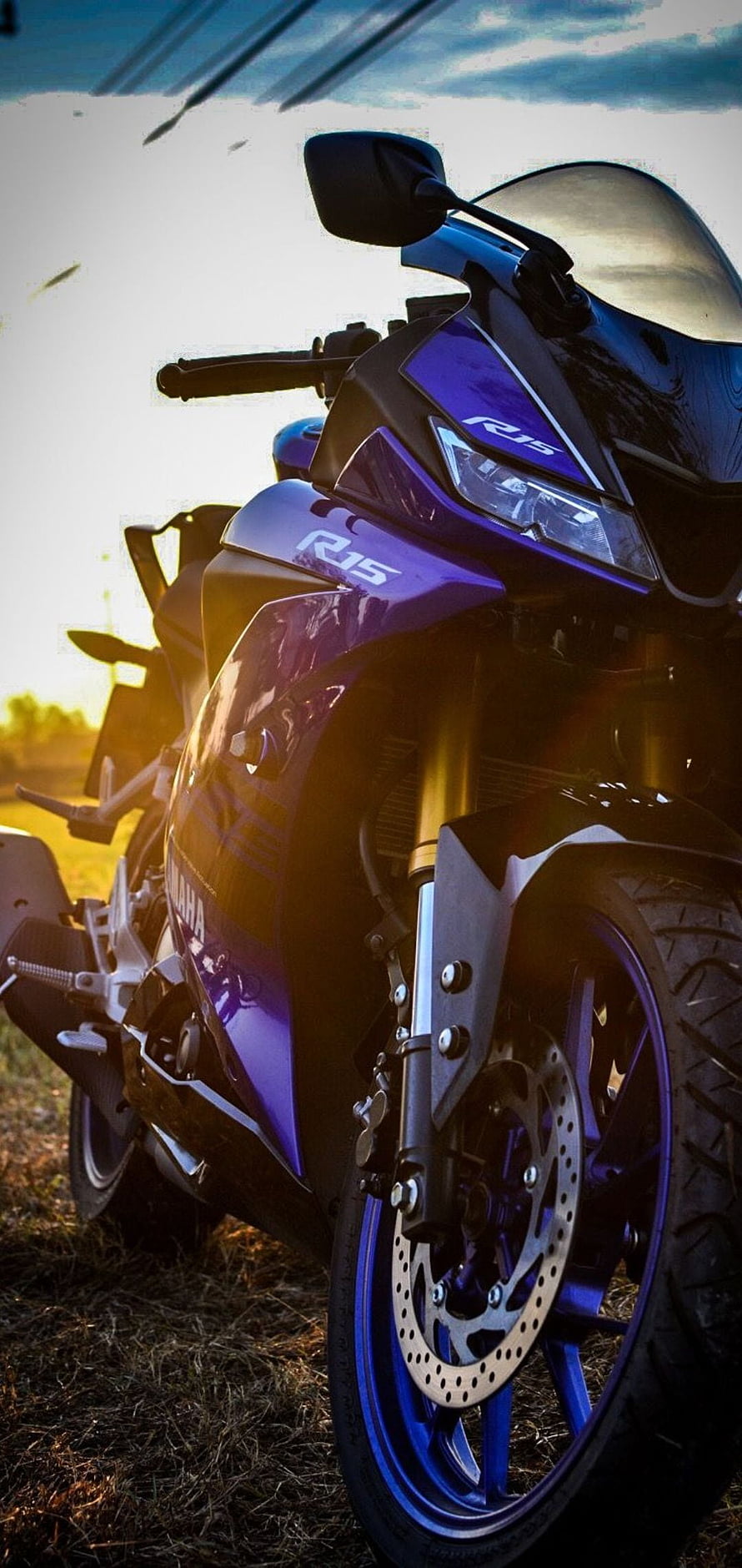 Yamaha R15 Motorcycle in Purple and Black with Golden Sunset Lighting HD phone wallpaper