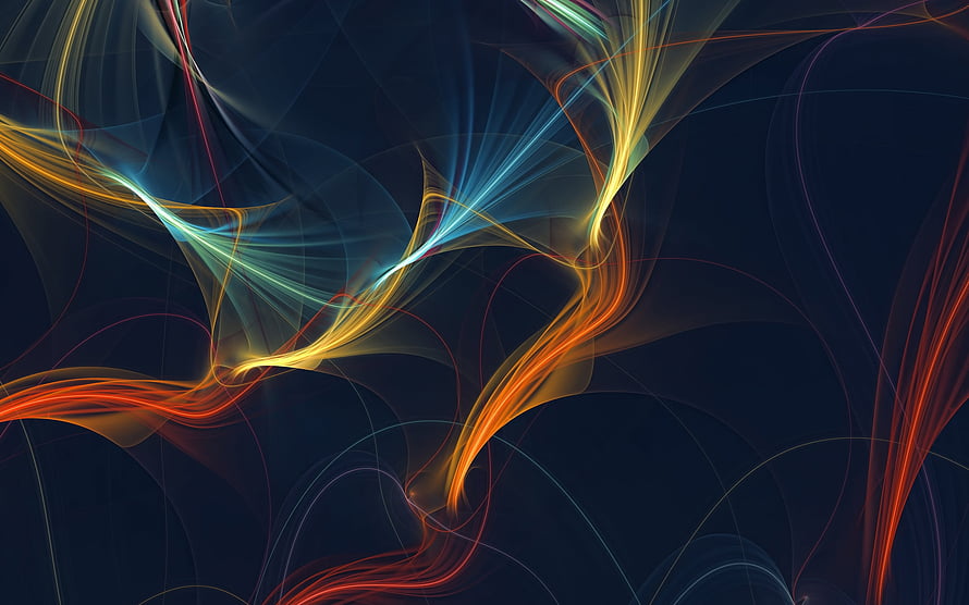 Vibrant abstract flowing light trails in orange, yellow, and blue on a dark background HD wallpaper