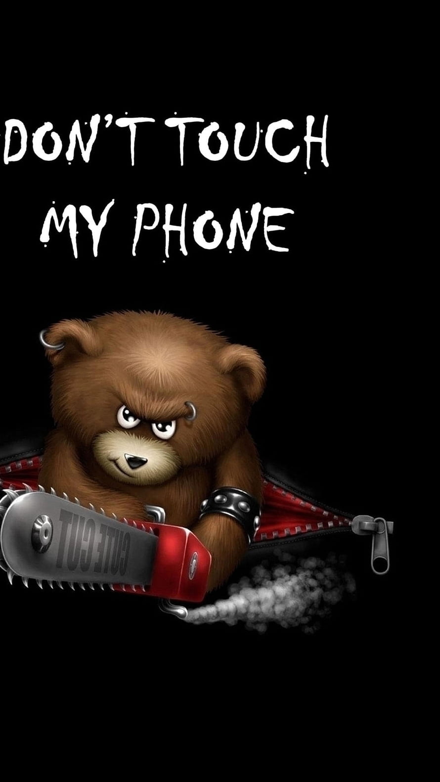 Angry Teddy Bear With Chainsaw Emerging From Zippered Pouch On Black Background HD phone wallpaper
