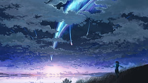 Your Name Anime Scene: Girl Watching Meteor Shower Over Lake at Twilight HD wallpaper