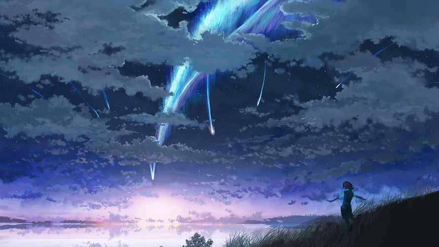 Your Name Anime Scene: Girl Watching Meteor Shower Over Lake at Twilight HD wallpaper