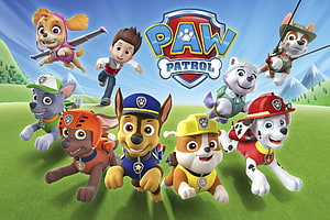 Paw Patrol Team Running Across Green Hills With Blue Sky Background HD wallpaper