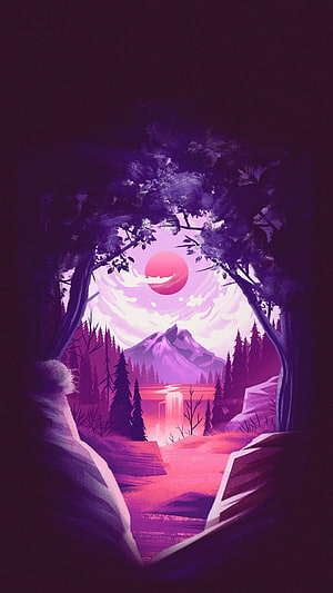 Purple Fantasy Forest Landscape With Red Sun And Mountain View HD phone wallpaper