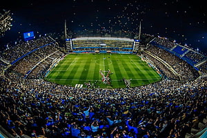 Boca Juniors La Bombonera Stadium Night Match With Confetti And Blue Crowd HD wallpaper