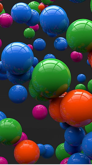 Vibrant 3D Render of Glossy Colorful Spheres Floating on Dark Background HD phone wallpaper