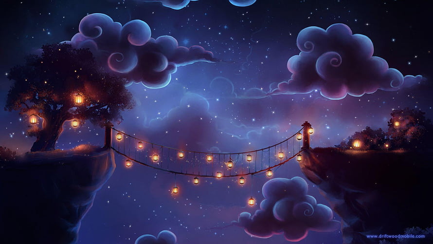 Magical Night Sky Fantasy Landscape With Glowing Lantern Bridge HD wallpaper
