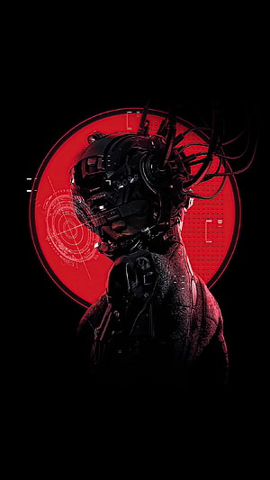 Cyberpunk Samurai Warrior with Red HUD Interface and Tactical Gear HD phone wallpaper